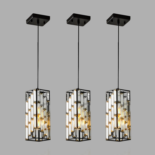 4" Modern Crystal Pendant Light - 3 Pack, Adjustable Hanging Ceiling Lamp with Crystal Prism Design for Dining Room, Kitchen Island, and Living Room -Black Finish
