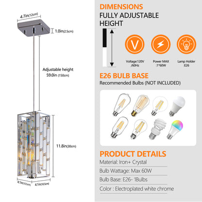 4" Modern Crystal Pendant Light - 3 Pack, Adjustable Hanging Ceiling Lamp with Crystal Prism Design for Dining Room, Kitchen Island, and Living Room -Chrome Finish