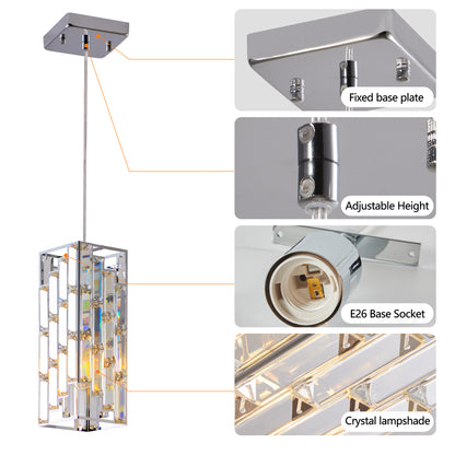4" Modern Crystal Pendant Light - 3 Pack, Adjustable Hanging Ceiling Lamp with Crystal Prism Design for Dining Room, Kitchen Island, and Living Room -Chrome Finish