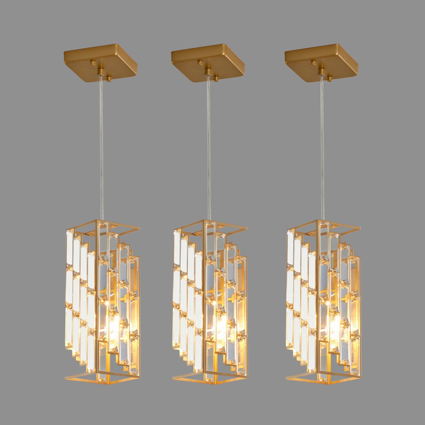 4" Modern Crystal Pendant Light - 3 Pack, Adjustable Hanging Ceiling Lamp with Crystal Prism Design for Dining Room, Kitchen Island, and Living Room -Golden Finish