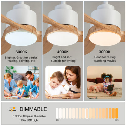52" Ceiling Fan with Dimmable LED Light Remote Control,Quiet DC Motor 6 Speed Levels,Adjust Height( 3 PCS Rod) Reversible Ceiling Fan, for Patio Living Room, Bedroom, Office,Indoor.(White +Natural)