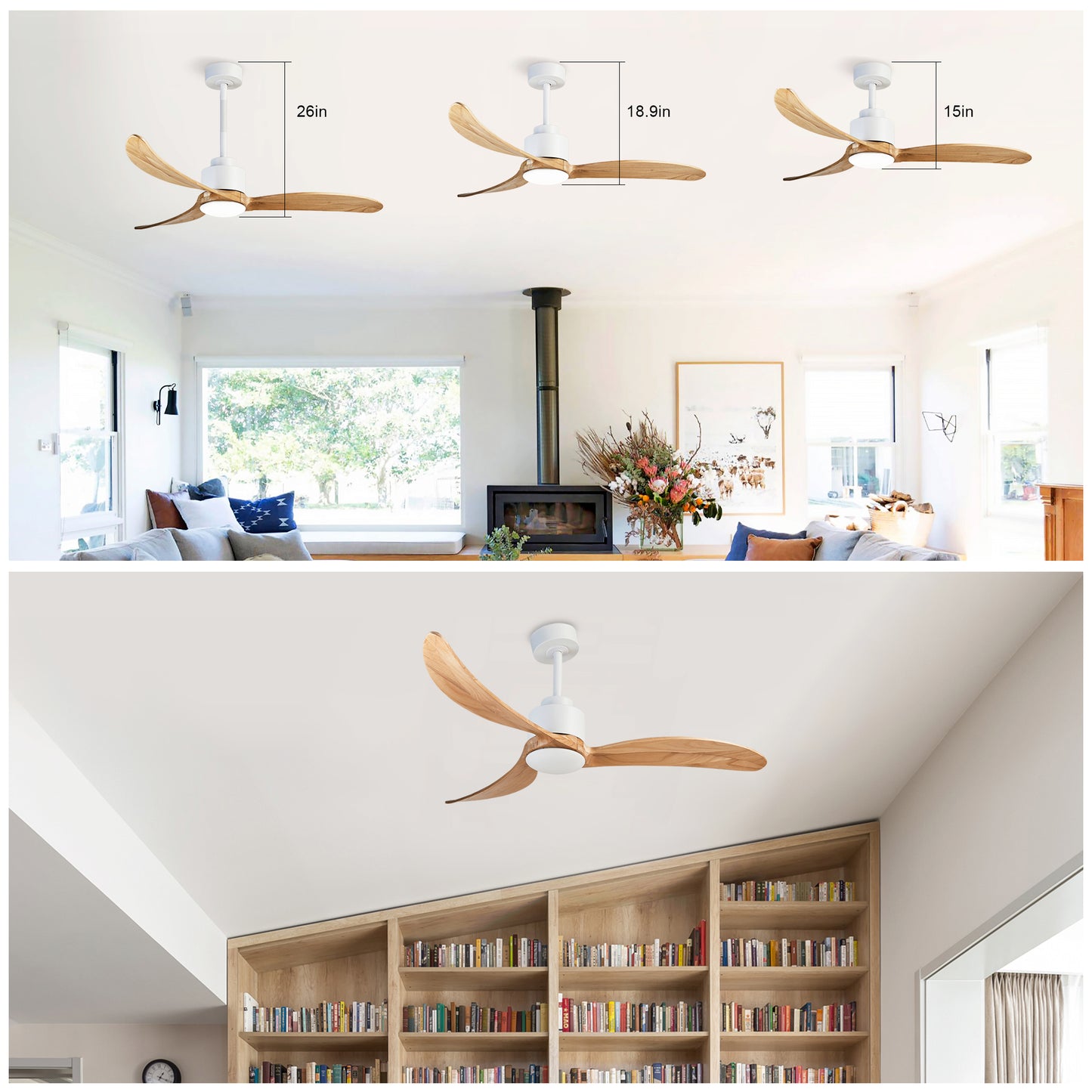 52" Ceiling Fan with Dimmable LED Light Remote Control,Quiet DC Motor 6 Speed Levels,Adjust Height( 3 PCS Rod) Reversible Ceiling Fan, for Patio Living Room, Bedroom, Office,Indoor.(White +Natural)