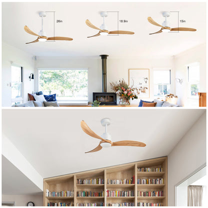 52" Ceiling Fan with Dimmable LED Light Remote Control,Quiet DC Motor 6 Speed Levels,Adjust Height( 3 PCS Rod) Reversible Ceiling Fan, for Patio Living Room, Bedroom, Office,Indoor.(White +Natural)