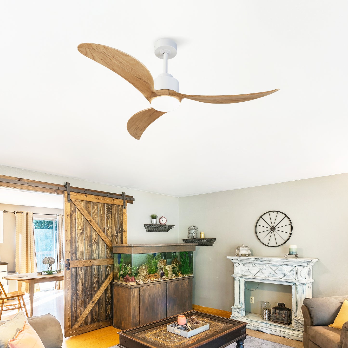52" Ceiling Fan with Dimmable LED Light Remote Control,Quiet DC Motor 6 Speed Levels,Adjust Height( 3 PCS Rod) Reversible Ceiling Fan, for Patio Living Room, Bedroom, Office,Indoor.(White +Natural)