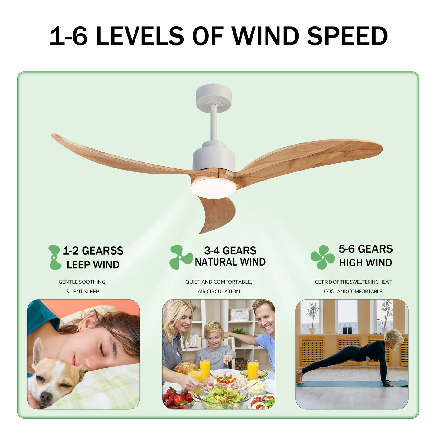 52" Ceiling Fan with Dimmable LED Light Remote Control,Quiet DC Motor 6 Speed Levels,Adjust Height( 3 PCS Rod) Reversible Ceiling Fan, for Patio Living Room, Bedroom, Office,Indoor.(White +Natural)