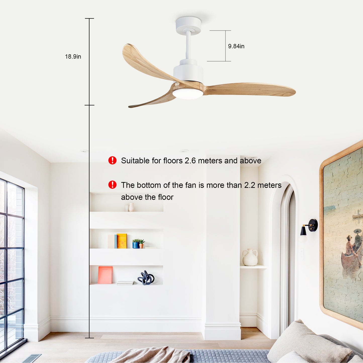 52" Ceiling Fan with Dimmable LED Light Remote Control,Quiet DC Motor 6 Speed Levels,Adjust Height( 3 PCS Rod) Reversible Ceiling Fan, for Patio Living Room, Bedroom, Office,Indoor.(White +Natural)