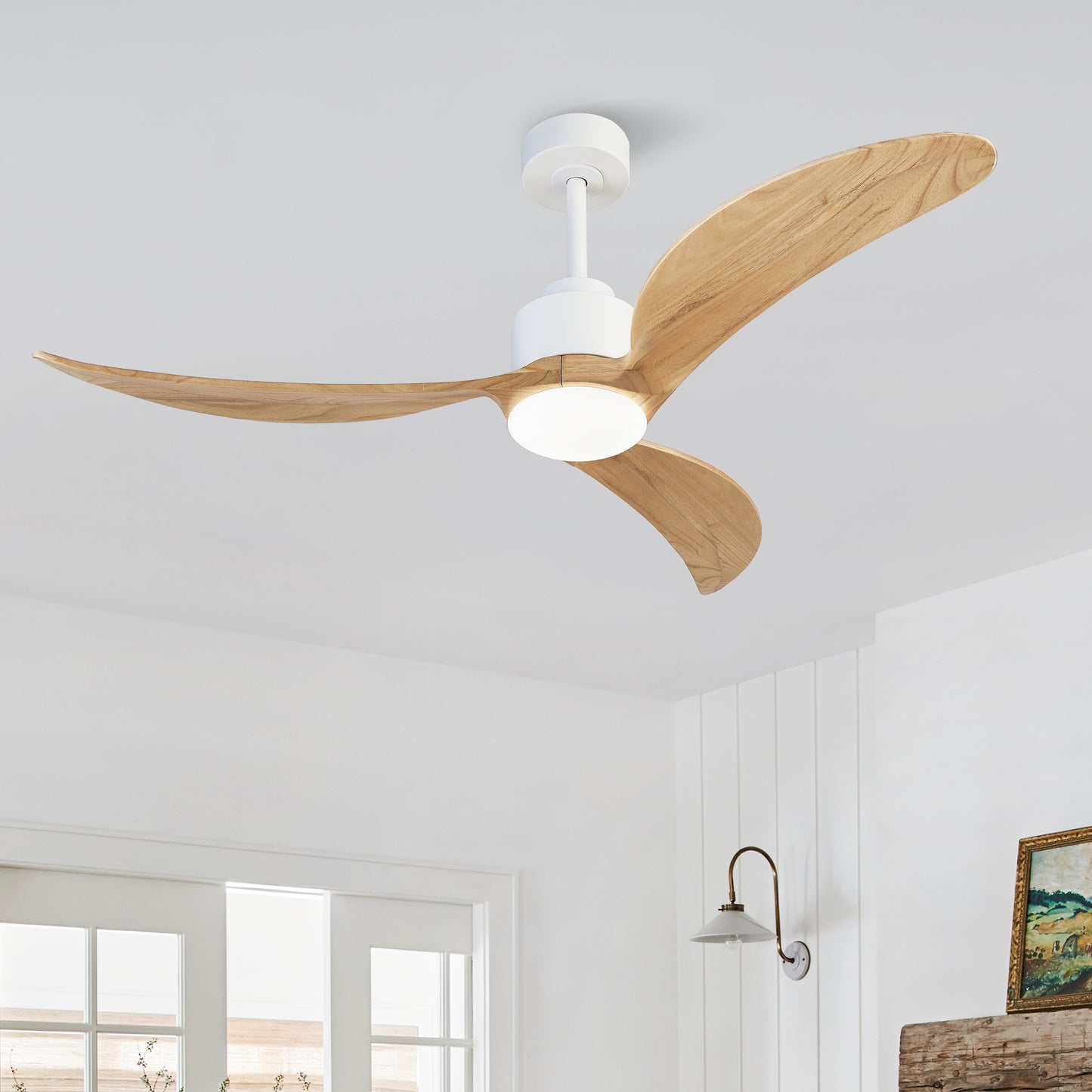52" Ceiling Fan with Dimmable LED Light Remote Control,Quiet DC Motor 6 Speed Levels,Adjust Height( 3 PCS Rod) Reversible Ceiling Fan, for Patio Living Room, Bedroom, Office,Indoor.(White +Natural)