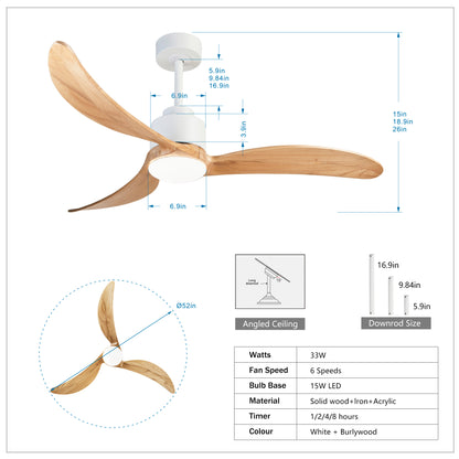 52" Ceiling Fan with Dimmable LED Light Remote Control,Quiet DC Motor 6 Speed Levels,Adjust Height( 3 PCS Rod) Reversible Ceiling Fan, for Patio Living Room, Bedroom, Office,Indoor.(White +Natural)