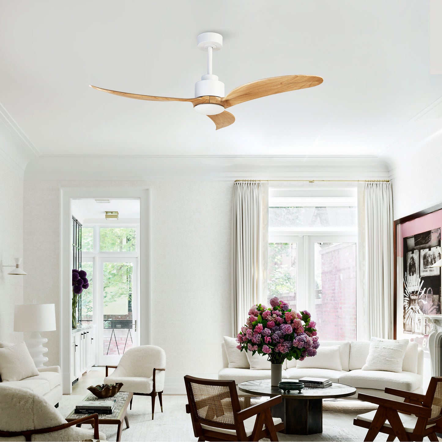 52" Ceiling Fan with Dimmable LED Light Remote Control,Quiet DC Motor 6 Speed Levels,Adjust Height( 3 PCS Rod) Reversible Ceiling Fan, for Patio Living Room, Bedroom, Office,Indoor.(White +Natural)