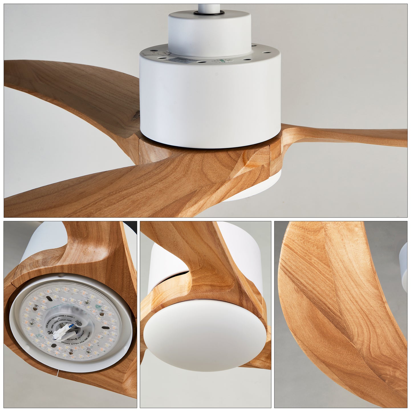 52" Ceiling Fan with Dimmable LED Light Remote Control,Quiet DC Motor 6 Speed Levels,Adjust Height( 3 PCS Rod) Reversible Ceiling Fan, for Patio Living Room, Bedroom, Office,Indoor.(White +Natural)