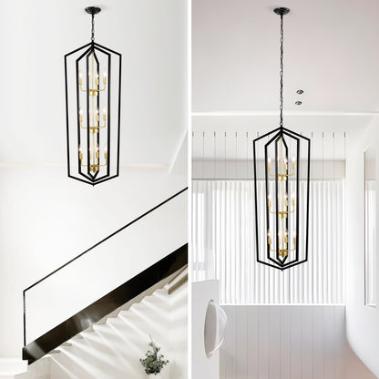 12-Light Lantern Tired Farmhouse Ceiling Hanging Light Black Chandelier Metal Modern Pendant Light Fixtures for Kitchen Island Dining Room Living Room Foyer Entryway(E12 Bulbs Not Included)