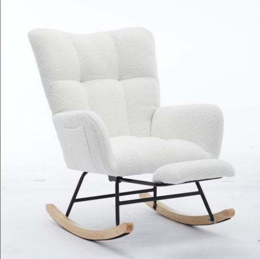 Modern Nursery Rocking Chair, Upholstered Glider Chair with High Backrest, Rocker Accent Armchair with Solid Wood Legs for Nursery Bedroom Living Room WHITE