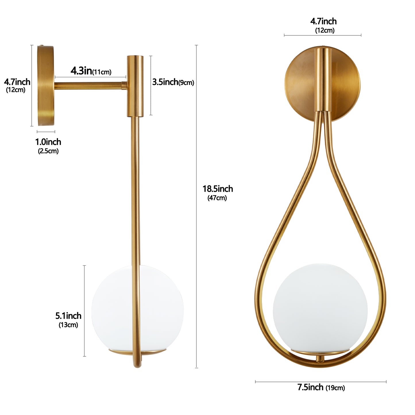 19" Set of 2 Modern Golden Wall Sconces with Opal Glass Globe, Mid-Century Design, Luxury Wall Lights for Bedroom, Living Room, Hallway (No Bulb)