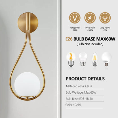 19" Set of 2 Modern Golden Wall Sconces with Opal Glass Globe, Mid-Century Design, Luxury Wall Lights for Bedroom, Living Room, Hallway (No Bulb)