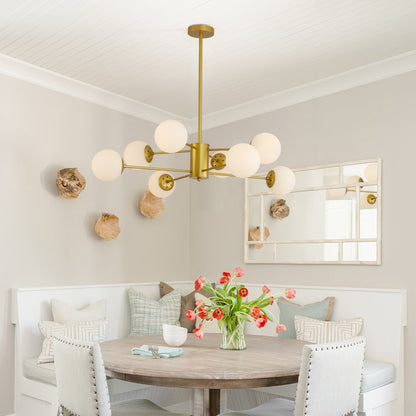 35" Modern 8-Light Gold Chandelier with White Glass Globe Shades, Mid-Century Branching Design, Elegant Ceiling Light Fixture for Dining Room, Living Room, or Bedroom (No Bulbs)