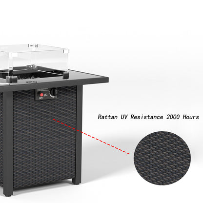 28 Inch Propane Fire Pit Table, Rattan & Wicker-Look, 50000 BTU Gas Firepits Tempered Glass Tabletop with Glass Windscreen Protector for Outside Patio and Garden(Coffee)
