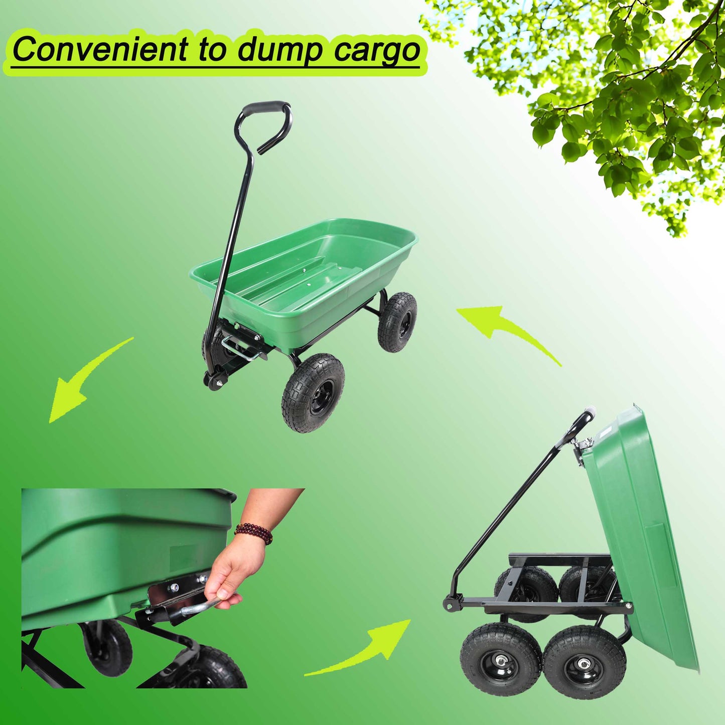 Folding car Poly Garden dump truck with steel frame, 10 inches. Pneumatic tire, 300 lb capacity body 55L Green