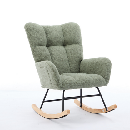Modern Nursery Rocking Chair Upholstered Glider Chair with High Backrest Rocker Accent Armchair with Solid Wood Legs for Nursery Bedroom Living Room Teddy(GREEN)