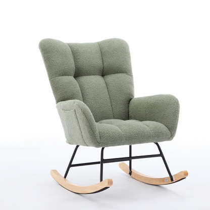 Modern Nursery Rocking Chair Upholstered Glider Chair with High Backrest Rocker Accent Armchair with Solid Wood Legs for Nursery Bedroom Living Room Teddy(GREEN)