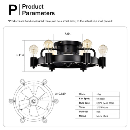 19.5'' Industrial Ceiling Fan with remote control ,5 ABS Blades small size ceiling fan For Living Room, Dining Room, Bedroom, Family Room, Rustic bronze ,6 PCS*E26 (NO Include Bulb )