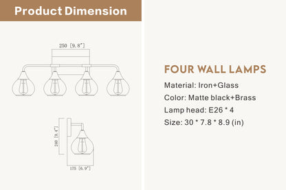 Home Decorative Bedroom Bathroom Vanity Light Matte Black Antique Brass Iron Glass 4-Light E26 Bulb Wall Mounted Light