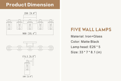 5-Light E26 Bulb Vanity Lights,Matte Black Bathroom Vanity Light Fixtures with Clear Glass, Indoor Wall Light for Bathroom, Living Room, Mirror, Bedroom,Hallway