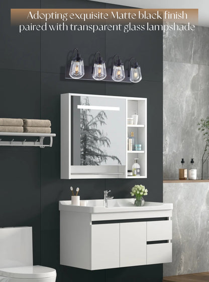 Indoor Modern Bedroom Wall Lamp In Matte Black, Iron Clear Glass Shade,4-Lights E26 Bulb Bathroom Vanity Light