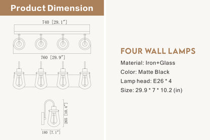Indoor Modern Bedroom Wall Lamp In Matte Black, Iron Clear Glass Shade,4-Lights E26 Bulb Bathroom Vanity Light
