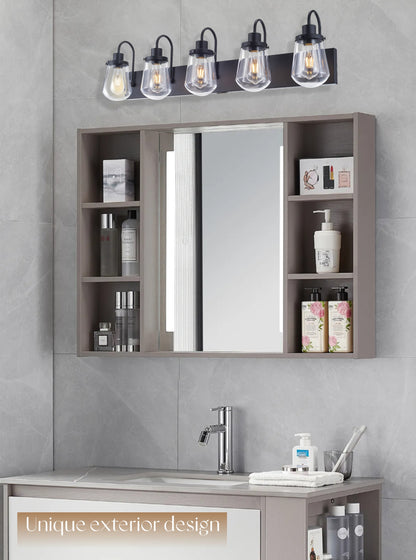 Bathroom Lights Over Mirror, 5-Lights E26 Bulb Matte Black Vanity Light Fixtures with Clear Glass Globe Shades for Hallway Kitchen Living Room