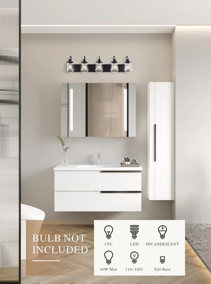 Bathroom Lights Over Mirror, 5-Lights E26 Bulb Matte Black Vanity Light Fixtures with Clear Glass Globe Shades for Hallway Kitchen Living Room