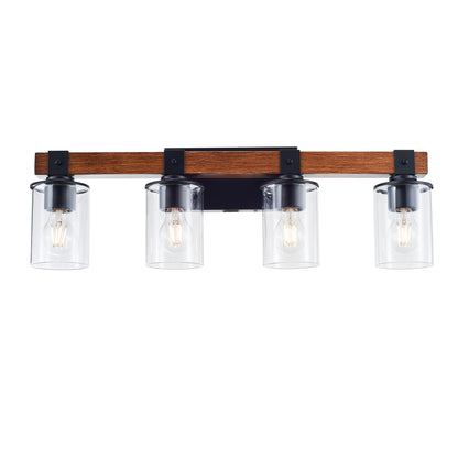 4-Light E26 Bulb Industrial Style Farmhouse Wall Light , Rustic Wood Bathroom Vanity Lights with Clear Glass, Modern Iron Wall Sconce for Bedroom, Kitchen, Hallway