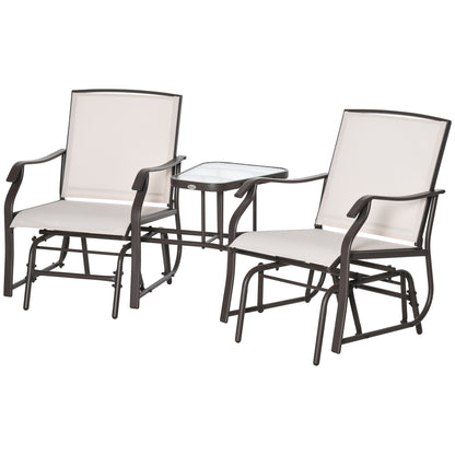 Outsunny Outdoor Glider Chairs with Coffee Table, Patio 2-Seat Rocking Chair Swing Loveseat with Breathable Sling for Backyard, Garden, and Porch, Beige