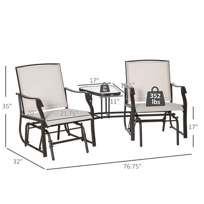 Outsunny Outdoor Glider Chairs with Coffee Table, Patio 2-Seat Rocking Chair Swing Loveseat with Breathable Sling for Backyard, Garden, and Porch, Beige