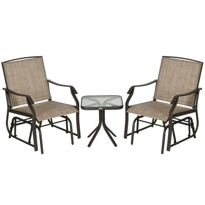 Outsunny 3 Piece Outdoor Glider Chair with Coffee Table Bistro Set, 2 Patio Rocking Swing Chairs with Breathable Sling Fabric, Glass Tabletop, for Backyard, Garden and Porch, Mixed Brown