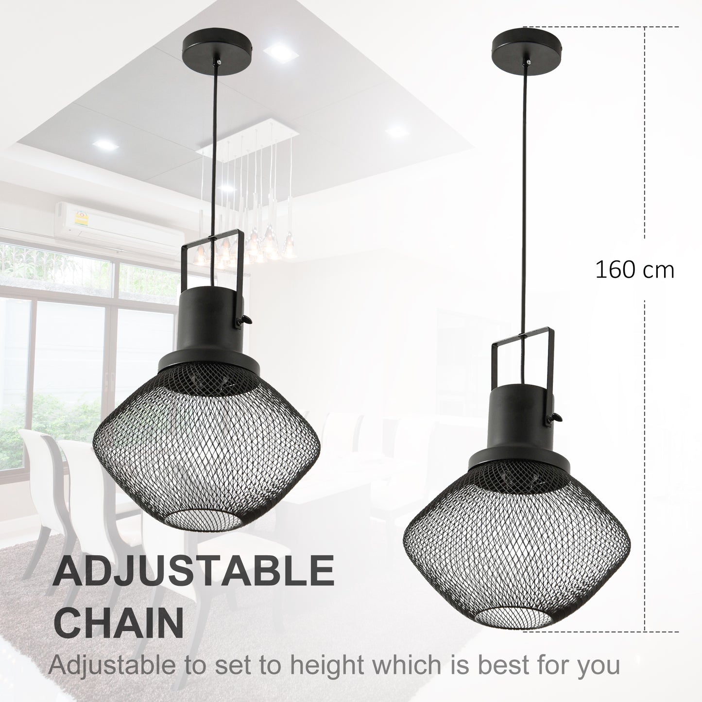 HOMCOM Industrial Pendant Light Fixtures, Black Metal Frame Hanging Ceiling Light for Living Room, Bedroom, Kitchen, Dining Room with Adjustable Hanging Chain, Black