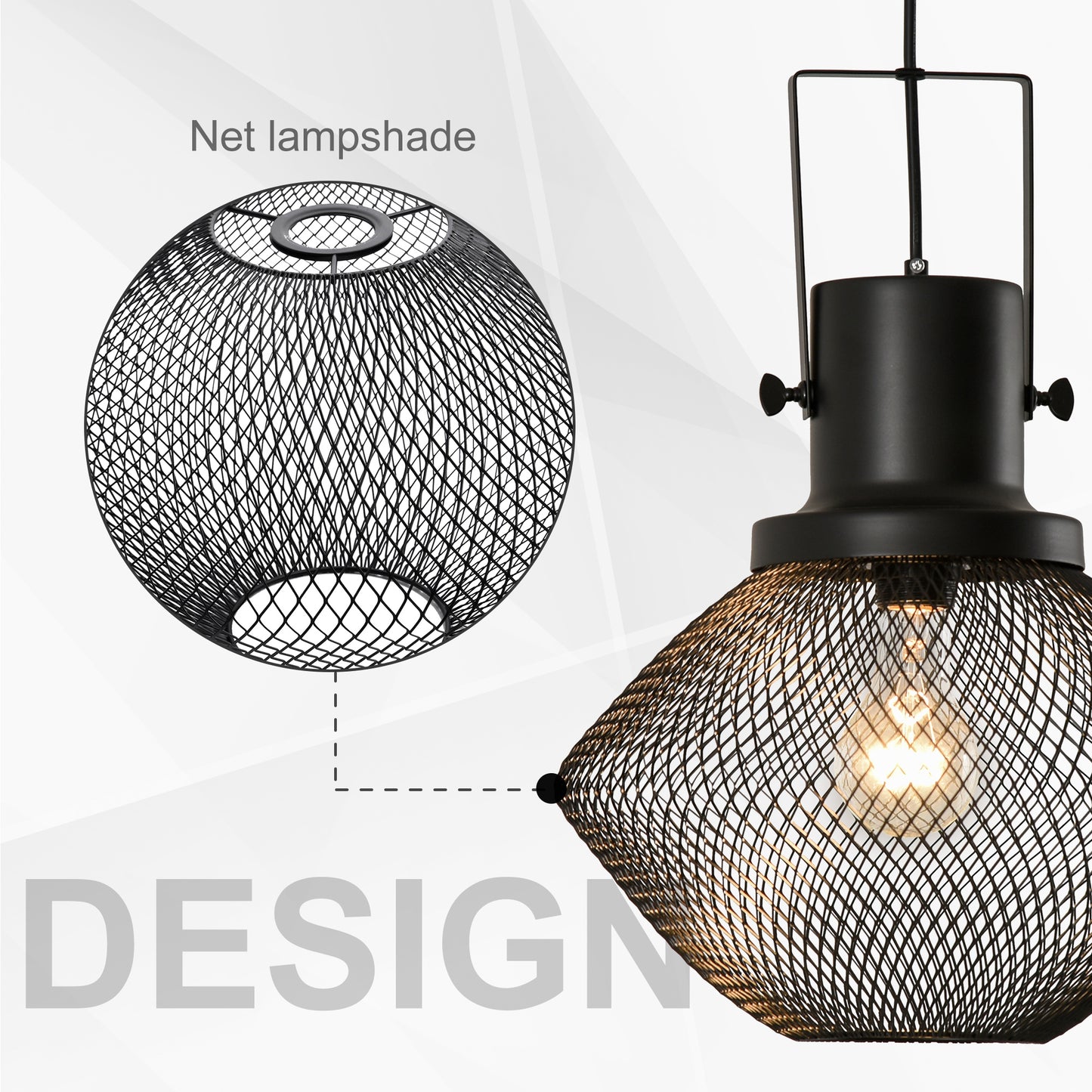 HOMCOM Industrial Pendant Light Fixtures, Black Metal Frame Hanging Ceiling Light for Living Room, Bedroom, Kitchen, Dining Room with Adjustable Hanging Chain, Black