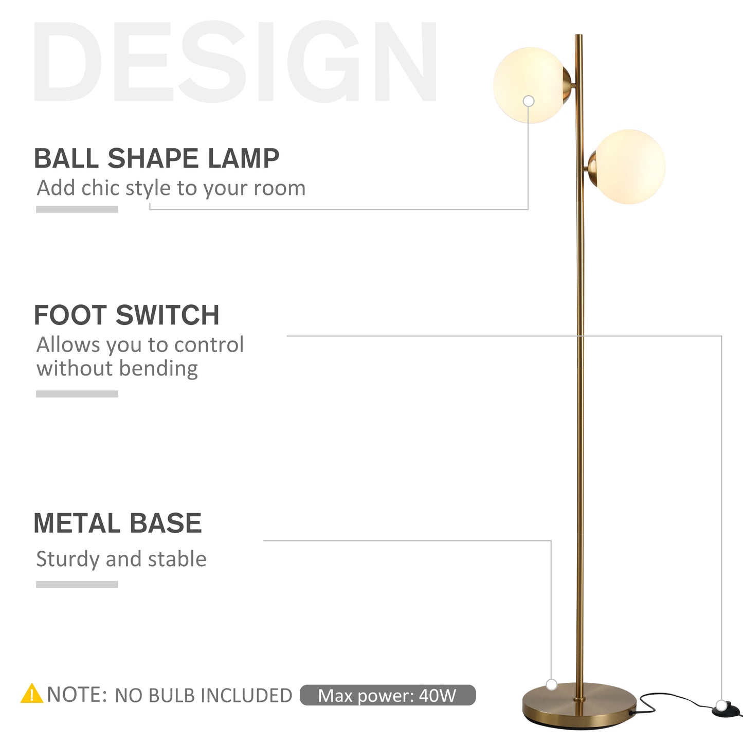 HOMCOM Floor Lamp w/ 2pcs Glass Lamp Shade Modern Portable Decorative Lamp, White