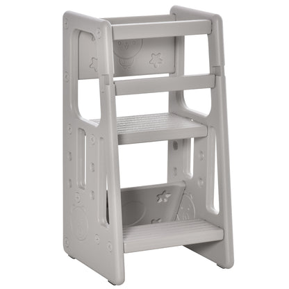 Qaba Toddler Tower with Adjustable Height, Toddler Kitchen Stool Helper with Anti-slip Mat, Step Stool for Kitchen, Bathroom, Gray