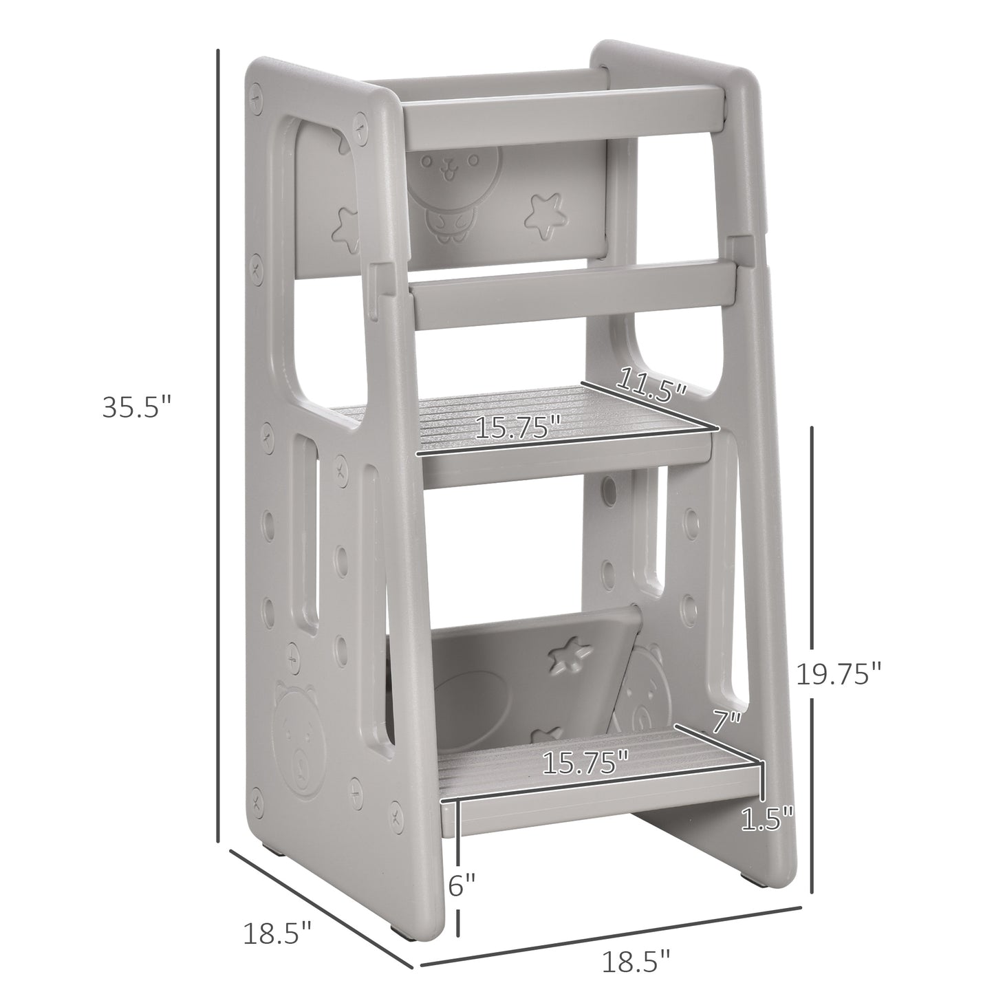 Qaba Toddler Tower with Adjustable Height, Toddler Kitchen Stool Helper with Anti-slip Mat, Step Stool for Kitchen, Bathroom, Gray
