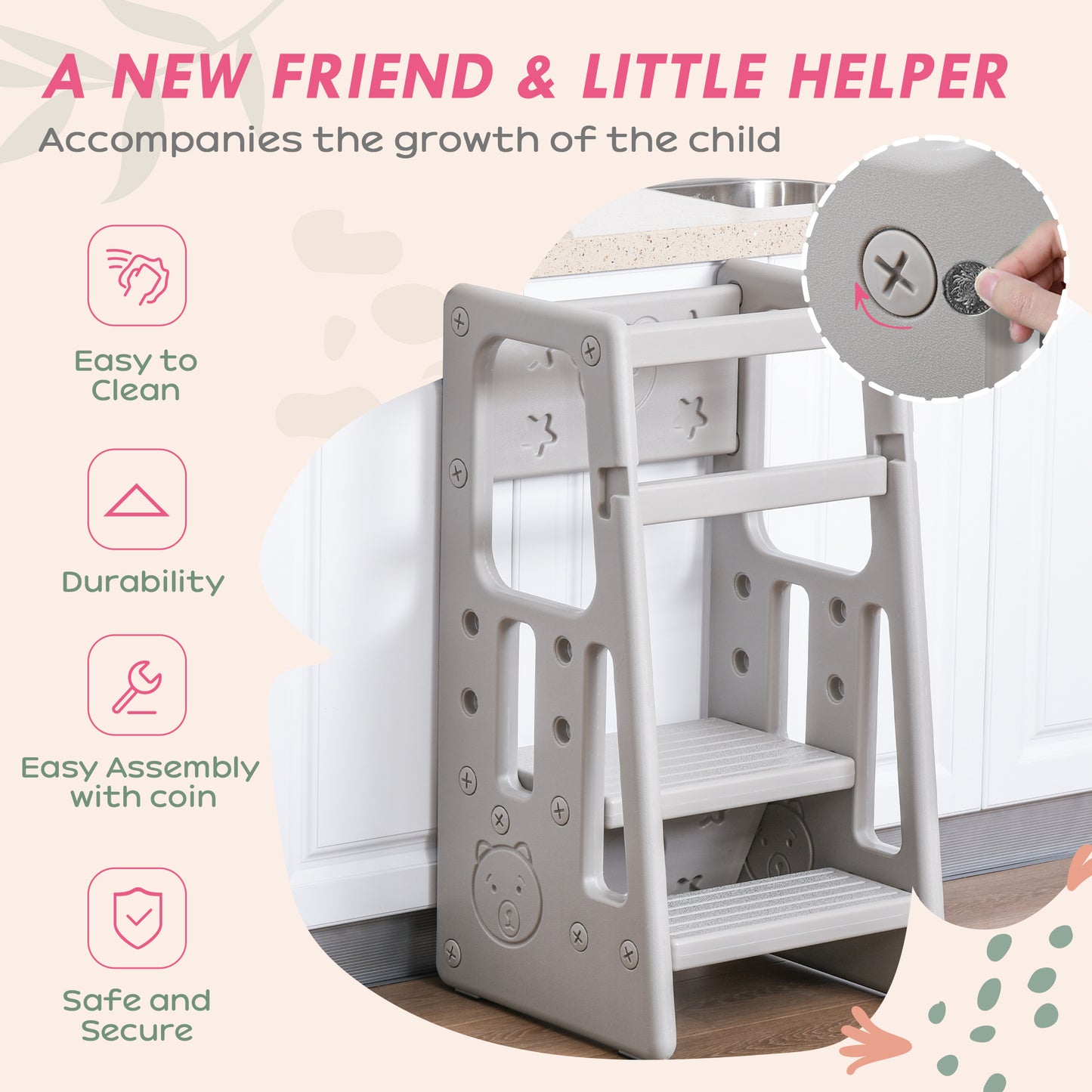 Qaba Toddler Tower with Adjustable Height, Toddler Kitchen Stool Helper with Anti-slip Mat, Step Stool for Kitchen, Bathroom, Gray