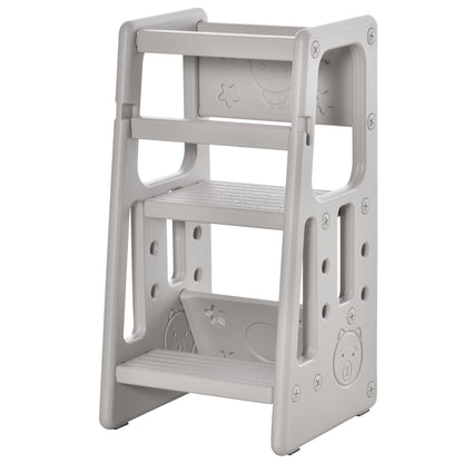 Qaba Toddler Tower with Adjustable Height, Toddler Kitchen Stool Helper with Anti-slip Mat, Step Stool for Kitchen, Bathroom, Gray