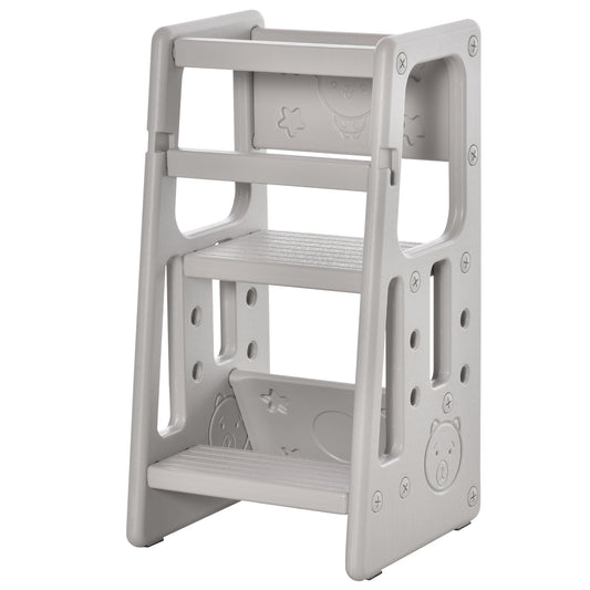 Qaba Toddler Tower with Adjustable Height, Toddler Kitchen Stool Helper with Anti-slip Mat, Step Stool for Kitchen, Bathroom, Gray