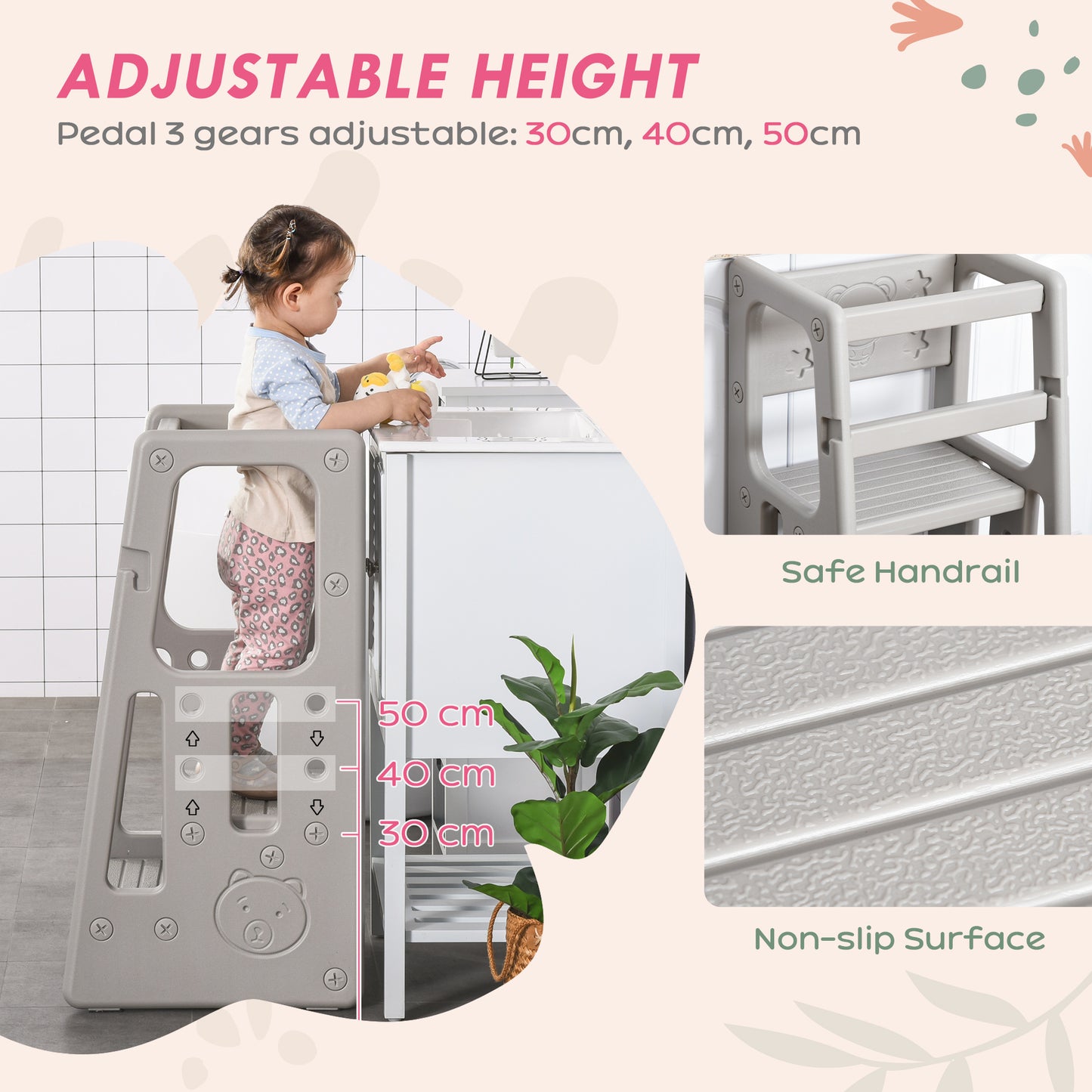Qaba Toddler Tower with Adjustable Height, Toddler Kitchen Stool Helper with Anti-slip Mat, Step Stool for Kitchen, Bathroom, Gray