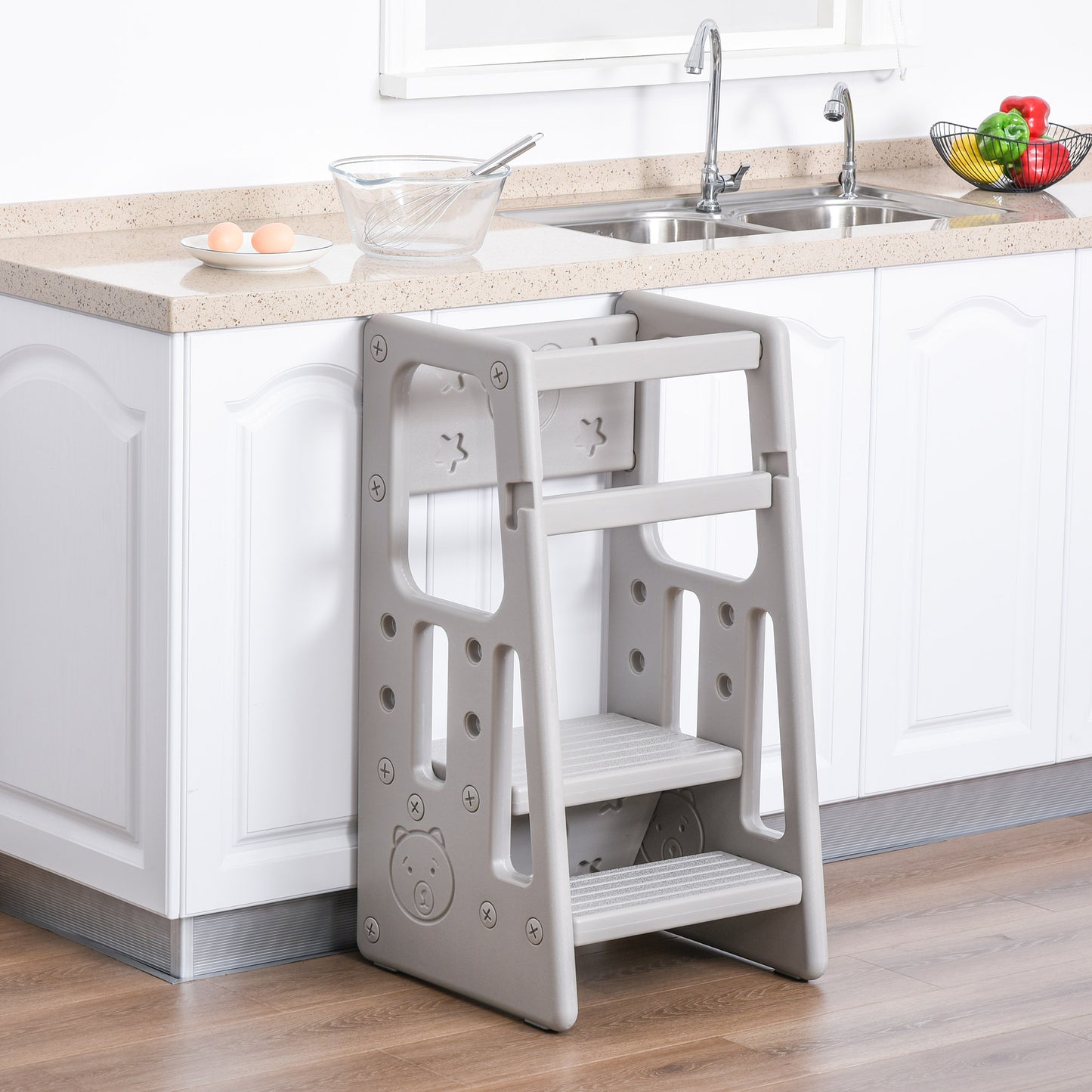 Qaba Toddler Tower with Adjustable Height, Toddler Kitchen Stool Helper with Anti-slip Mat, Step Stool for Kitchen, Bathroom, Gray