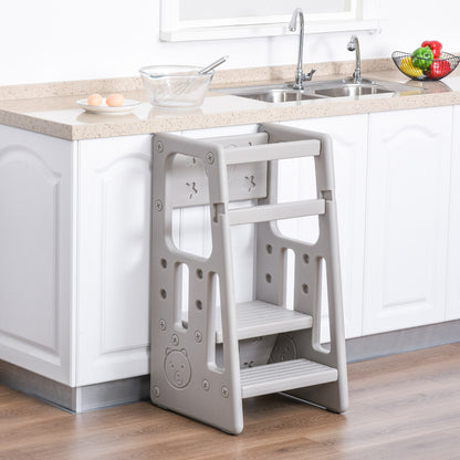 Qaba Toddler Tower with Adjustable Height, Toddler Kitchen Stool Helper with Anti-slip Mat, Step Stool for Kitchen, Bathroom, Gray