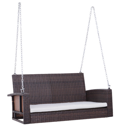 Outsunny 2 Person Wicker Hanging Swing Bench, Front Porch Swing Outdoor Chair with Cushions 550 lbs. Weight Capacity for Backyard, Garden, Cream White