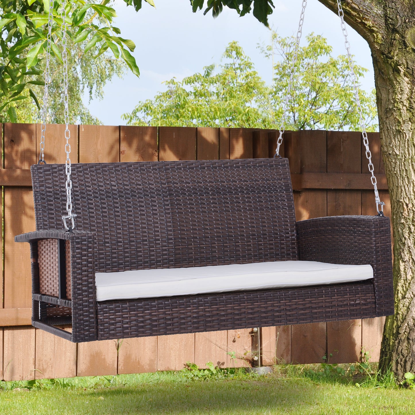 Outsunny 2 Person Wicker Hanging Swing Bench, Front Porch Swing Outdoor Chair with Cushions 550 lbs. Weight Capacity for Backyard, Garden, Cream White