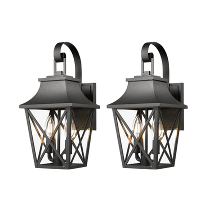 Black Outdoor Wall Lantern 2-Light, Large Outside Modern Wall Sconce Light Fixture, Industrial Porch Light Wall Mount with Glass, Waterproof Farmhouse Exterior Lamp Lighting (2 Pack)
