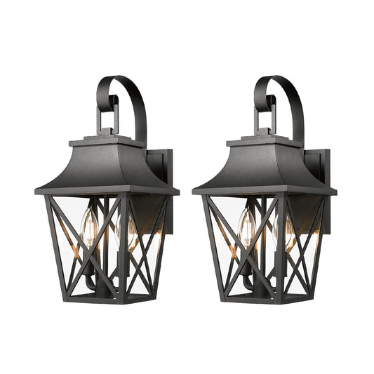 Black Outdoor Wall Lantern 2-Light, Large Outside Modern Wall Sconce Light Fixture, Industrial Porch Light Wall Mount with Glass, Waterproof Farmhouse Exterior Lamp Lighting (2 Pack)