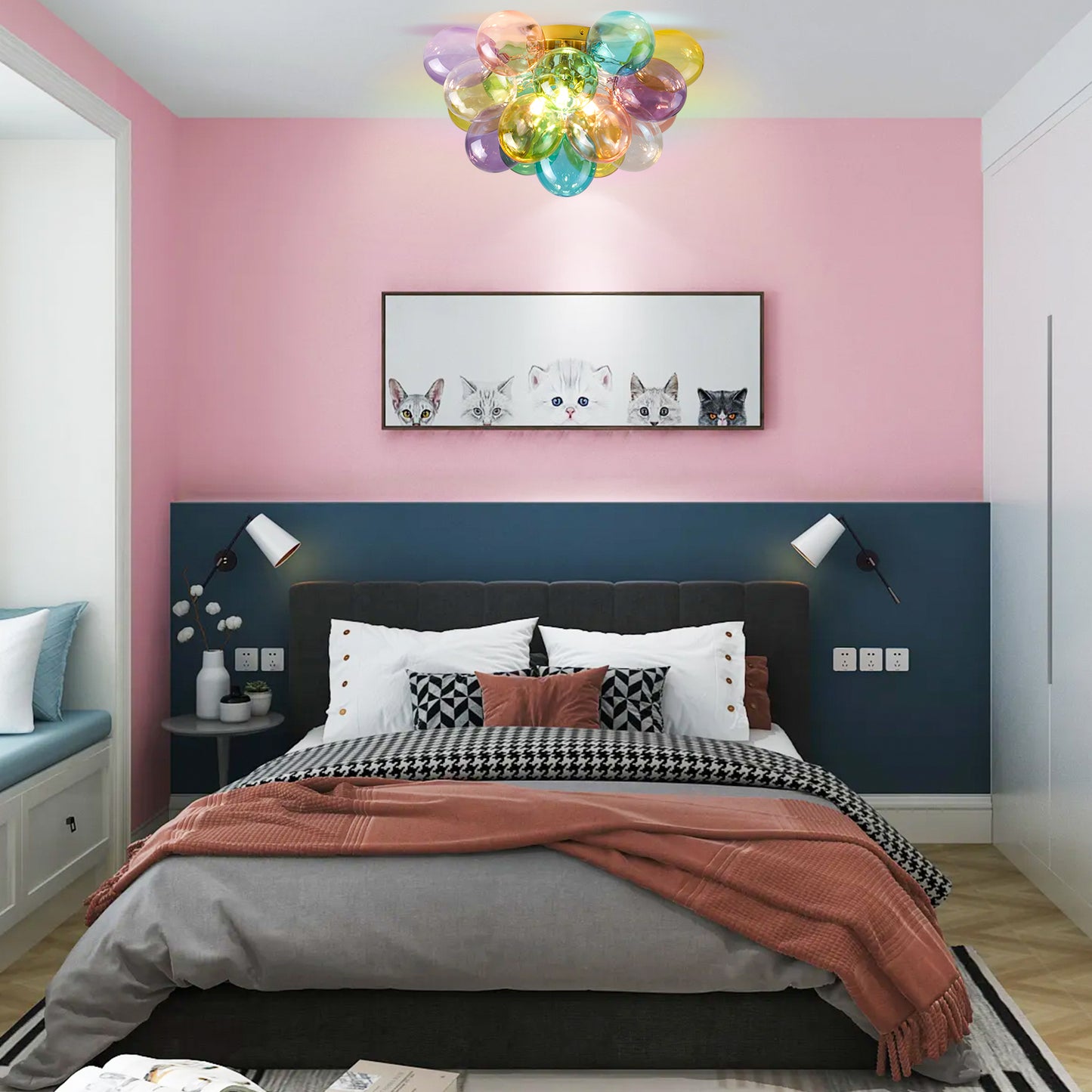 Colorful Glass Bubble Ball Swirled Glass Chandelier 15 Inch 3 Light, Small Pendant Light Fixture for Bedroom Study Restaurant